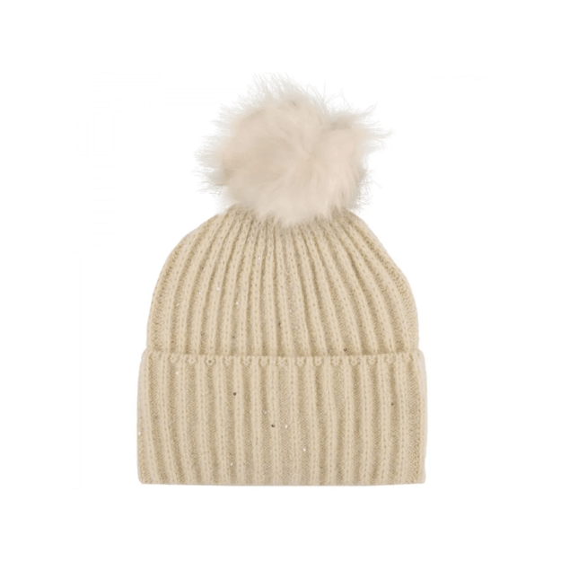 Kreminė moteriška kepurė su bumbulu žiemai
