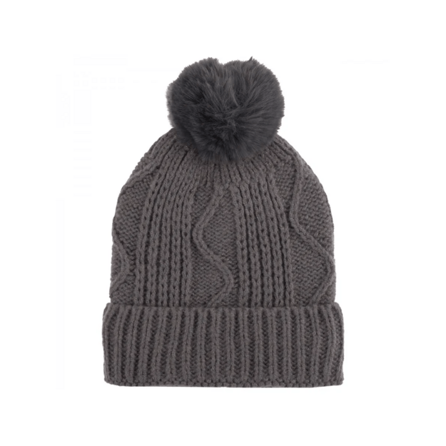Pilka moteriška kepurė su bumbulu žiemai