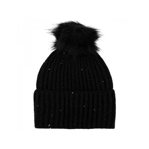 Juoda moteriška kepurė su bumbulu žiemai