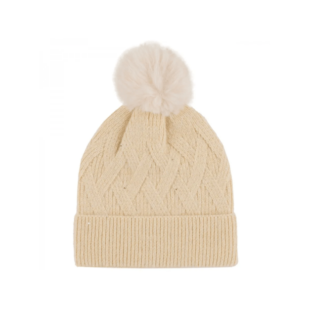 Kreminė moteriška kepurė su bumbulu žiemai